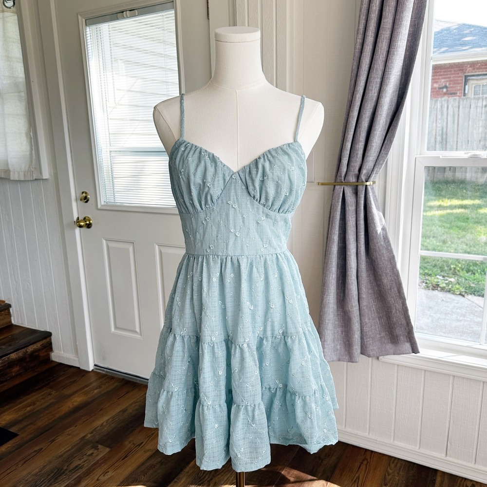 Altar'd State Womens Mini Dress Small Mint Green Embroidered Tiered Cottagecore